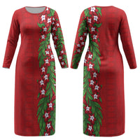 Tonga Language Week Couples Matching Long Sleeve Bodycon Dress and Hawaiian Shirt Heilala Floral Red LT05 - Polynesian Pride