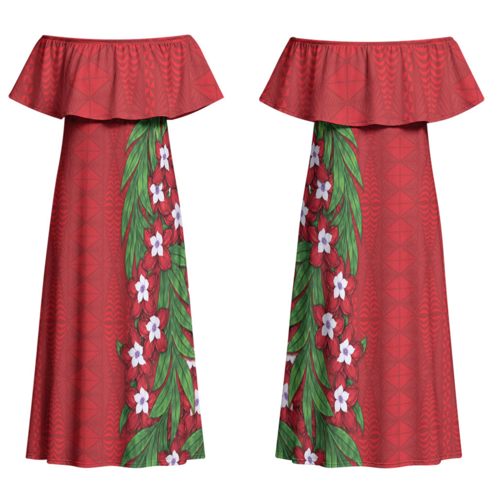 Tonga Language Week Couples Matching Off Shoulder Maxi Dress and Hawaiian Shirt Heilala Floral Red