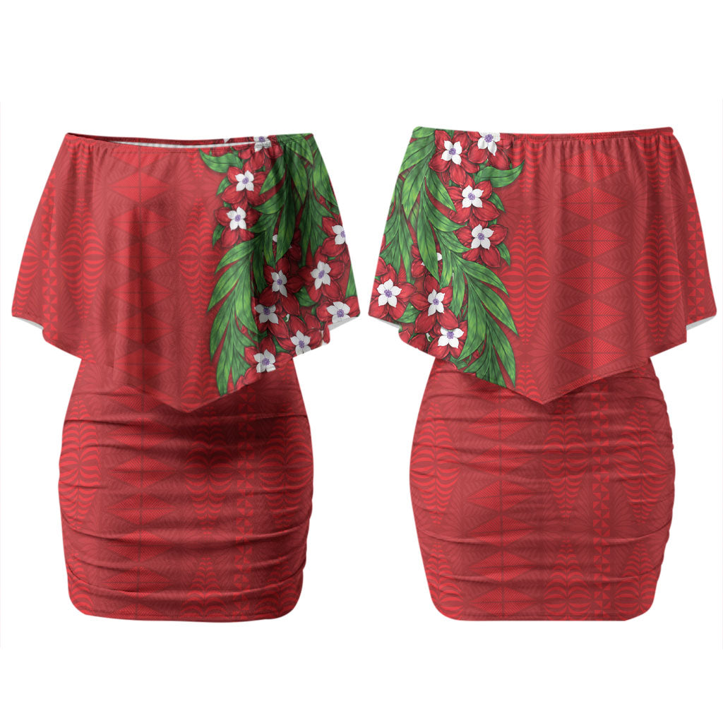 Tonga Language Week Couples Matching Off Shoulder Short Dress and Long Sleeve Button Shirt Heilala Floral Red LT05 - Polynesian Pride