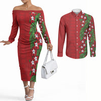 Tonga Language Week Couples Matching Off The Shoulder Long Sleeve Dress and Long Sleeve Button Shirt Heilala Floral Red LT05 Red - Polynesian Pride