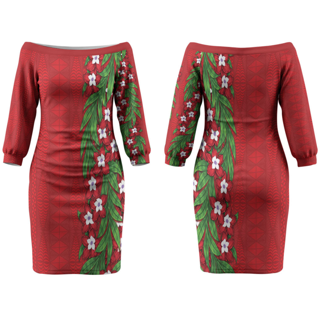 Tonga Language Week Couples Matching Off The Shoulder Long Sleeve Dress and Long Sleeve Button Shirt Heilala Floral Red LT05 - Polynesian Pride