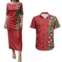 Tonga Language Week Couples Matching Puletasi and Hawaiian Shirt Heilala Floral Red LT05 Red - Polynesian Pride