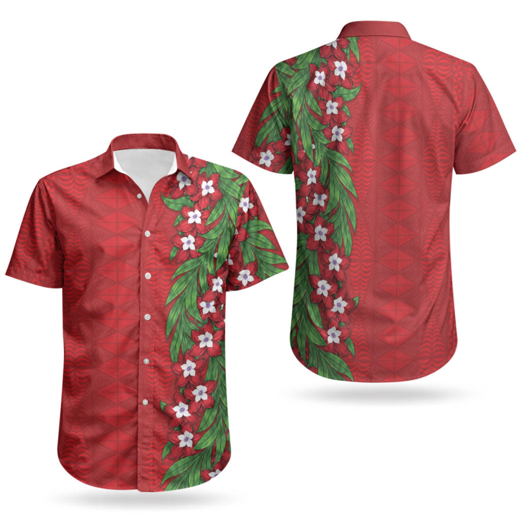 Tonga Language Week Couples Matching Puletasi and Hawaiian Shirt Heilala Floral Red LT05 - Polynesian Pride