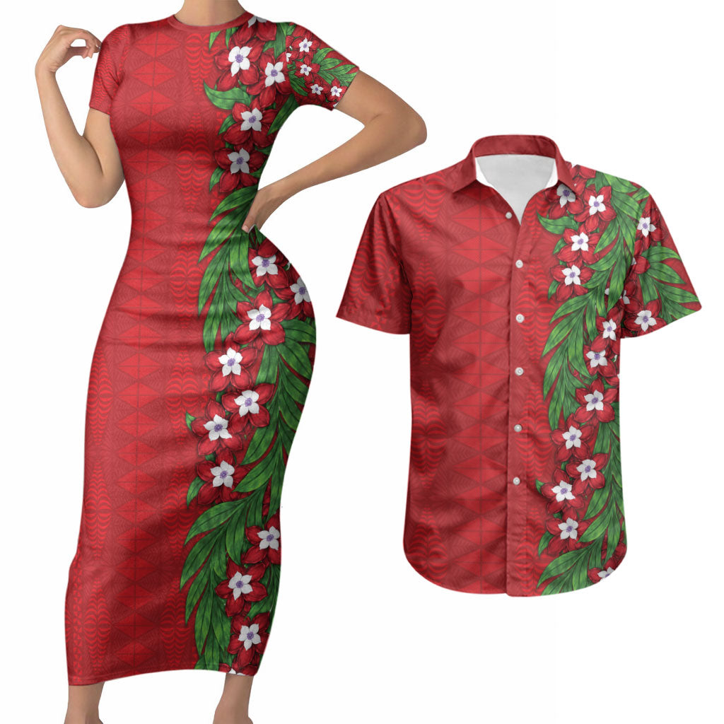 Tonga Language Week Couples Matching Short Sleeve Bodycon Dress and Hawaiian Shirt Heilala Floral Red LT05 Red - Polynesian Pride