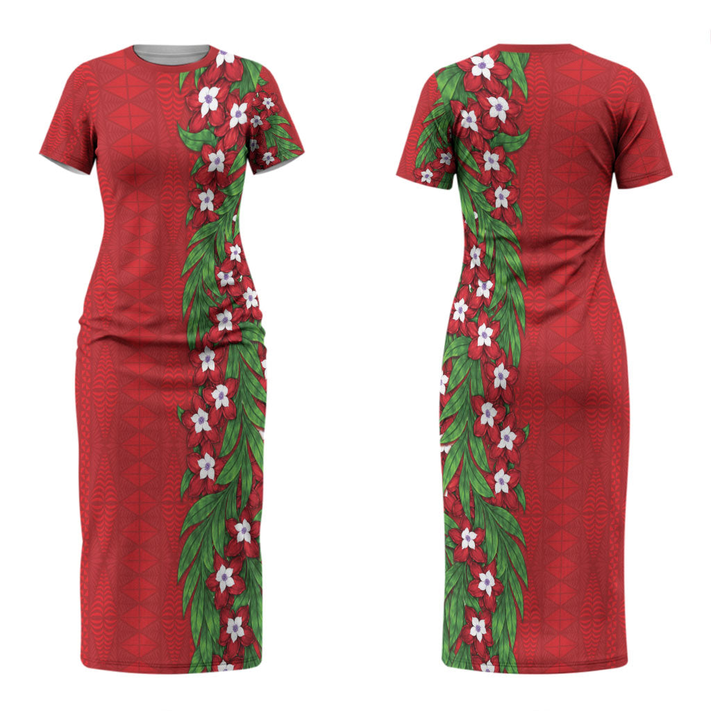 Tonga Language Week Couples Matching Short Sleeve Bodycon Dress and Hawaiian Shirt Heilala Floral Red LT05 - Polynesian Pride