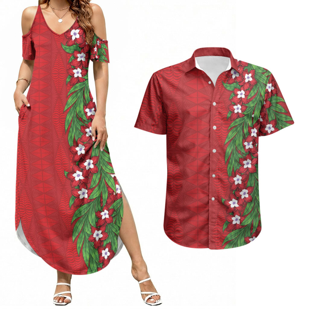 Tonga Language Week Couples Matching Summer Maxi Dress and Hawaiian Shirt Heilala Floral Red LT05 Red - Polynesian Pride
