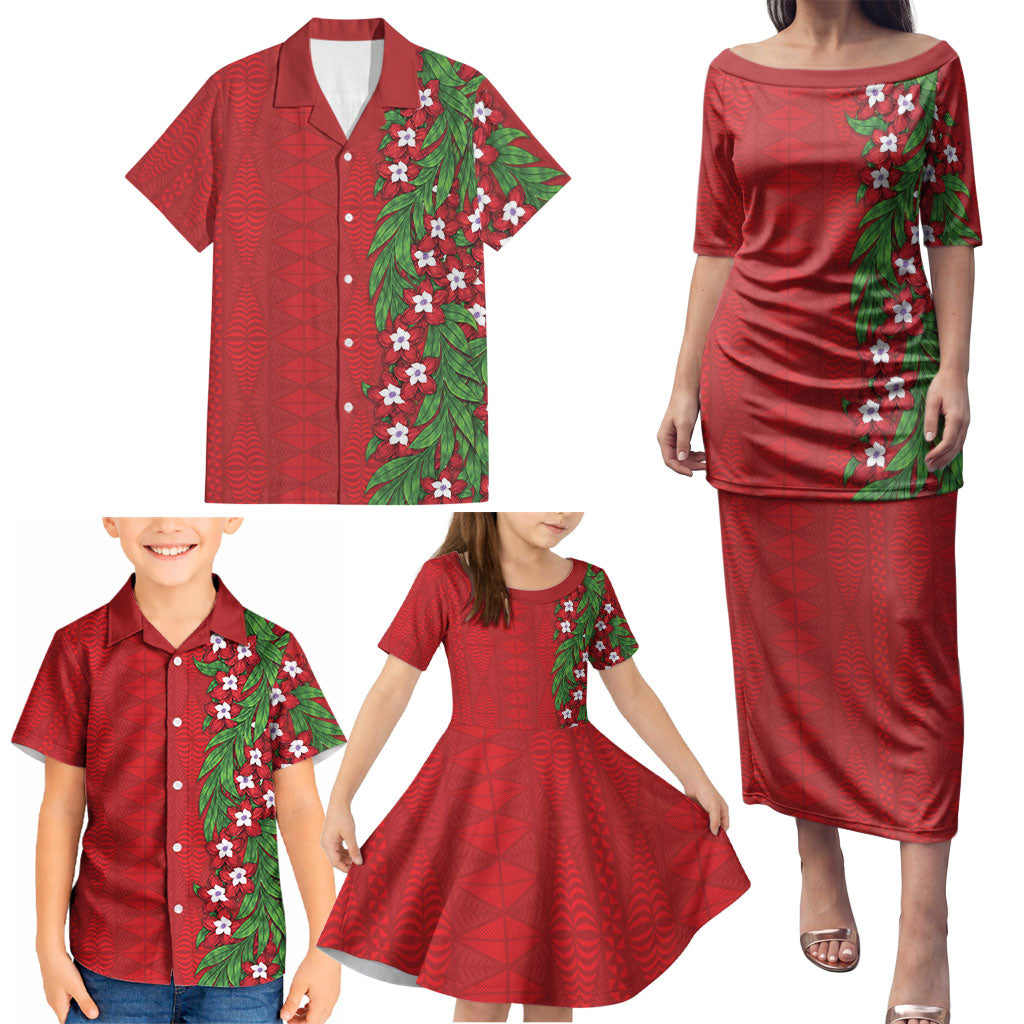 Tonga Language Week Family Matching Puletasi and Hawaiian Shirt Heilala Floral Red