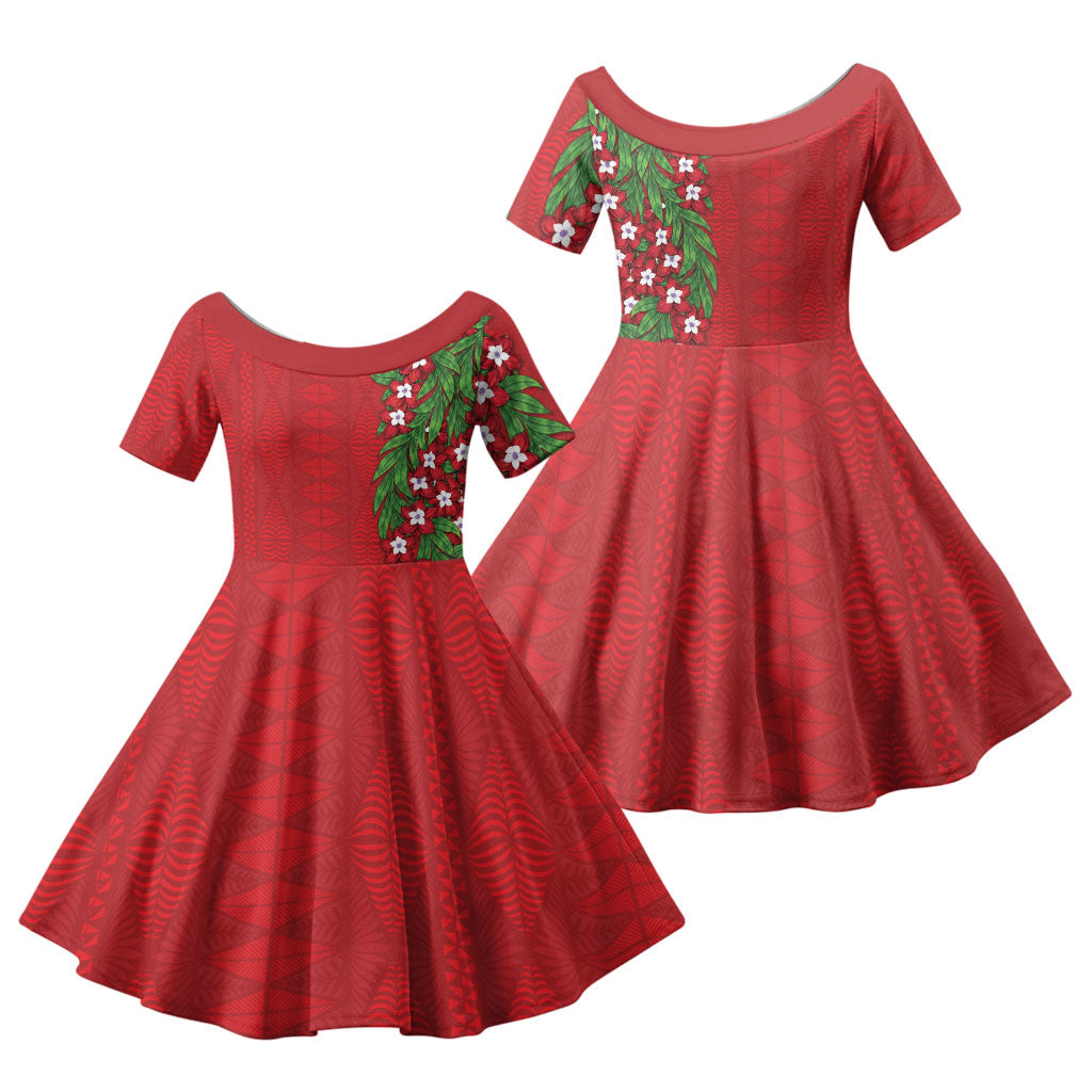 Tonga Language Week Family Matching Puletasi and Hawaiian Shirt Heilala Floral Red