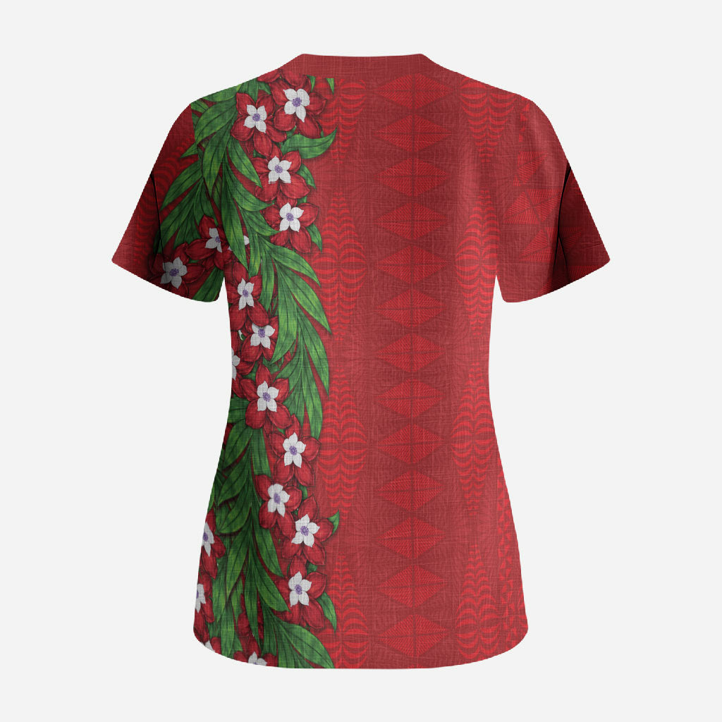 Tonga Language Week Scrub Top Heilala Floral Red