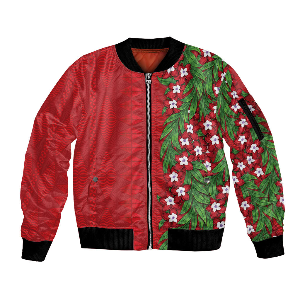 Tonga Language Week Sleeve Zip Bomber Jacket Heilala Floral Red LT05 Unisex Red - Polynesian Pride