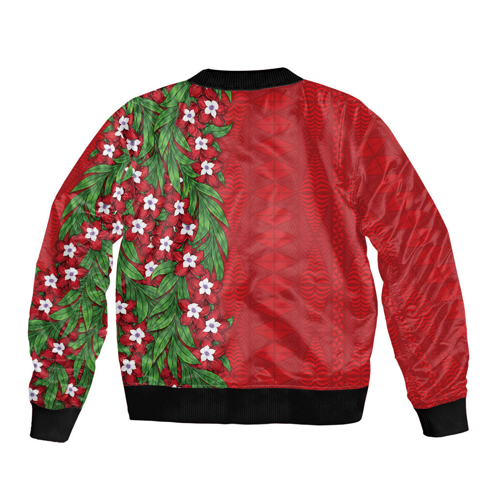 Tonga Language Week Sleeve Zip Bomber Jacket Heilala Floral Red LT05 - Polynesian Pride