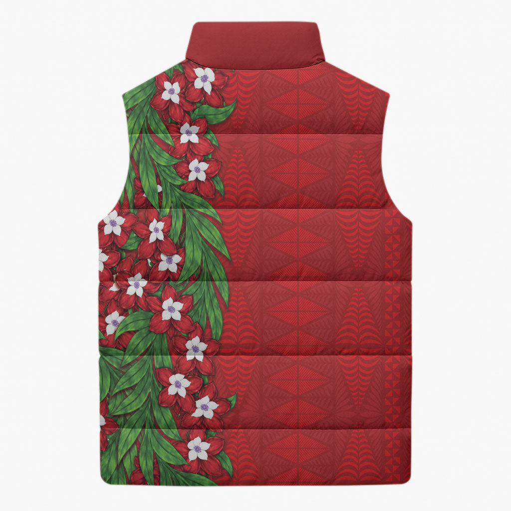 Tonga Language Week Sleeveless Puffer Jacket Heilala Floral Red LT05 - Polynesian Pride