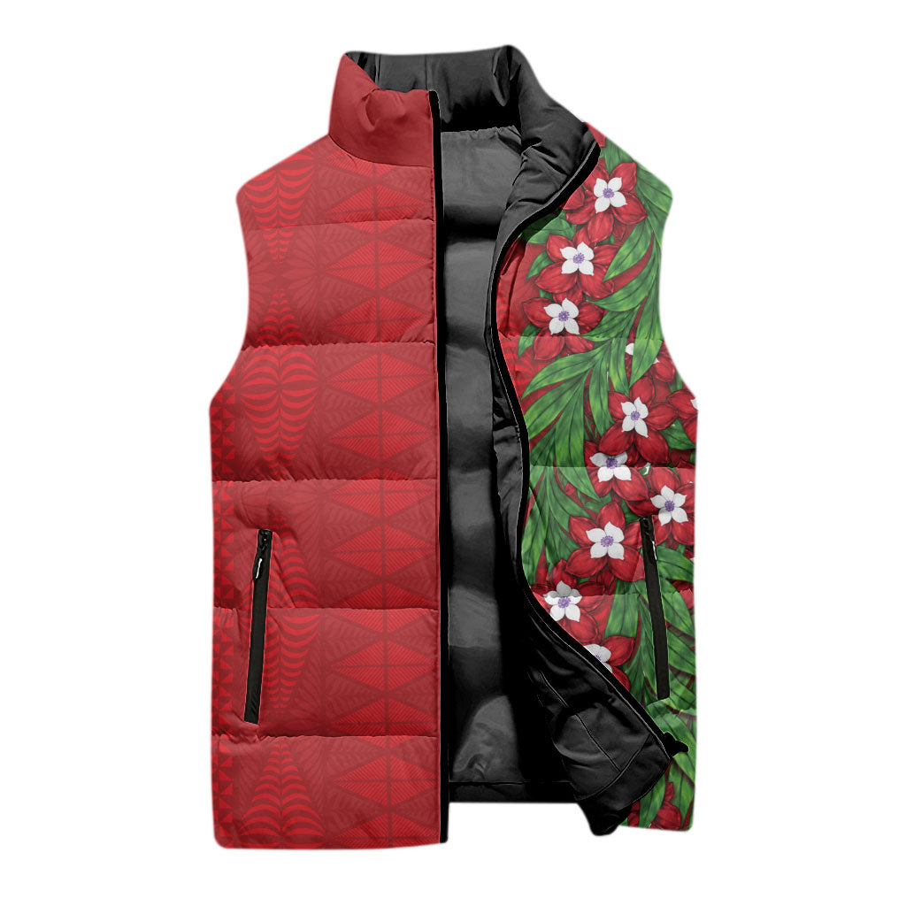 Tonga Language Week Sleeveless Puffer Jacket Heilala Floral Red LT05 - Polynesian Pride