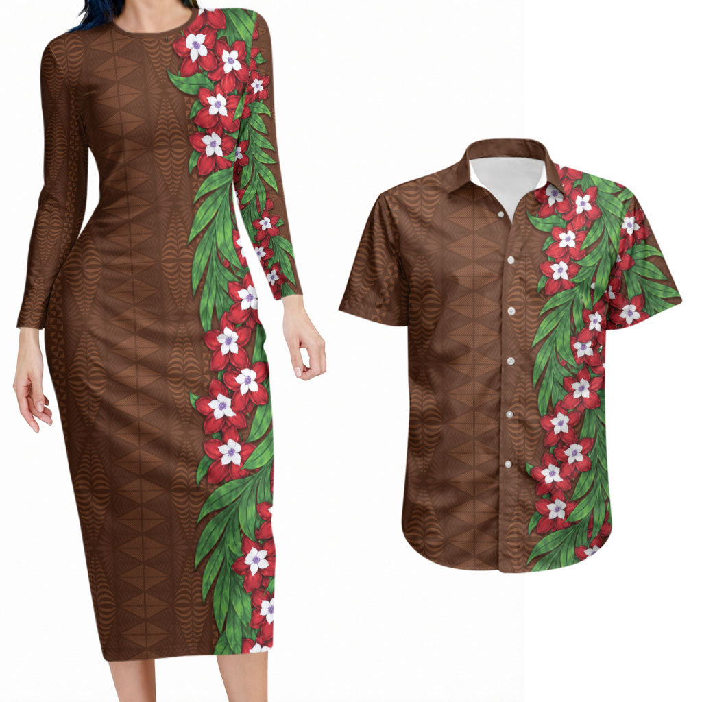 Tonga Language Week Couples Matching Long Sleeve Bodycon Dress and Hawaiian Shirt Heilala Floral Brown LT05 Brown - Polynesian Pride