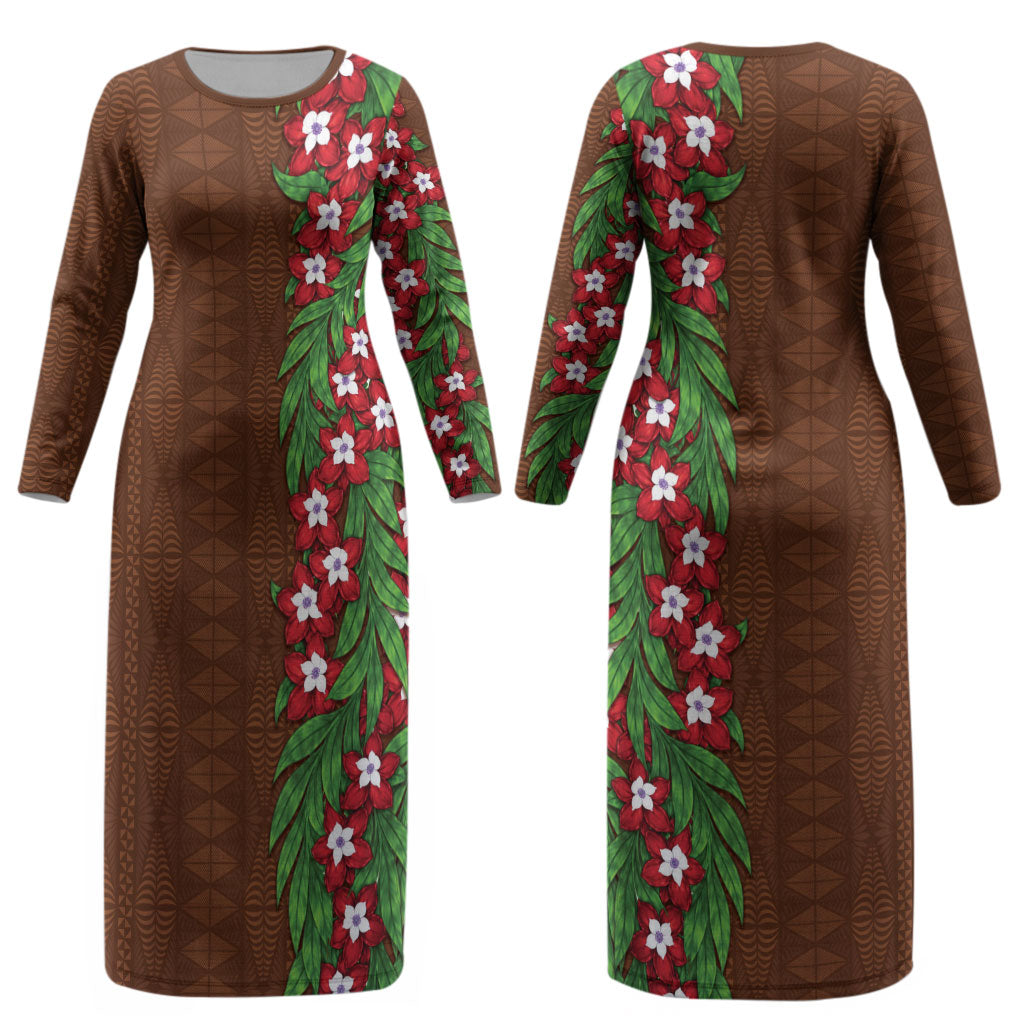 Tonga Language Week Couples Matching Long Sleeve Bodycon Dress and Hawaiian Shirt Heilala Floral Brown LT05 - Polynesian Pride