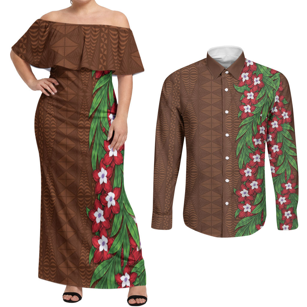 Tonga Language Week Couples Matching Off Shoulder Maxi Dress and Long Sleeve Button Shirt Heilala Floral Brown LT05 Brown - Polynesian Pride