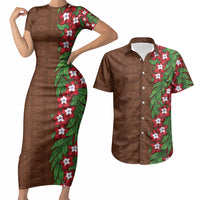 Tonga Language Week Couples Matching Short Sleeve Bodycon Dress and Hawaiian Shirt Heilala Floral Brown LT05 Brown - Polynesian Pride