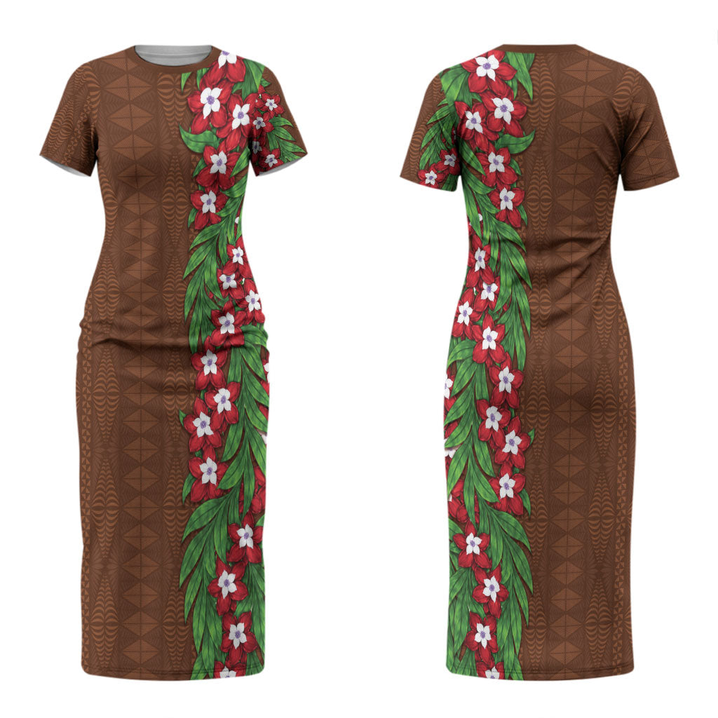 Tonga Language Week Couples Matching Short Sleeve Bodycon Dress and Hawaiian Shirt Heilala Floral Brown LT05 - Polynesian Pride