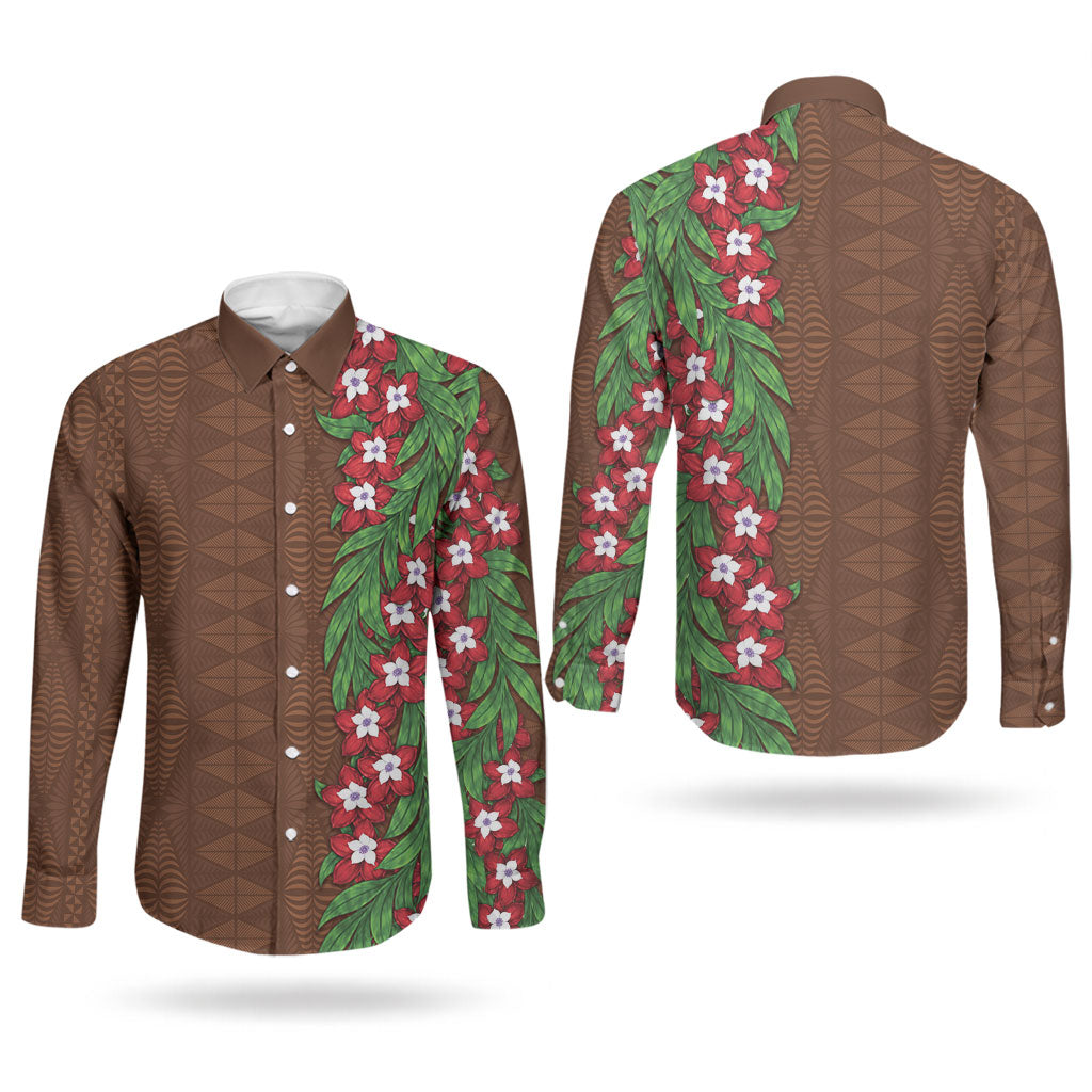 Tonga Language Week Couples Matching Short Sleeve Bodycon Dress and Long Sleeve Button Shirt Heilala Floral Brown LT05 - Polynesian Pride