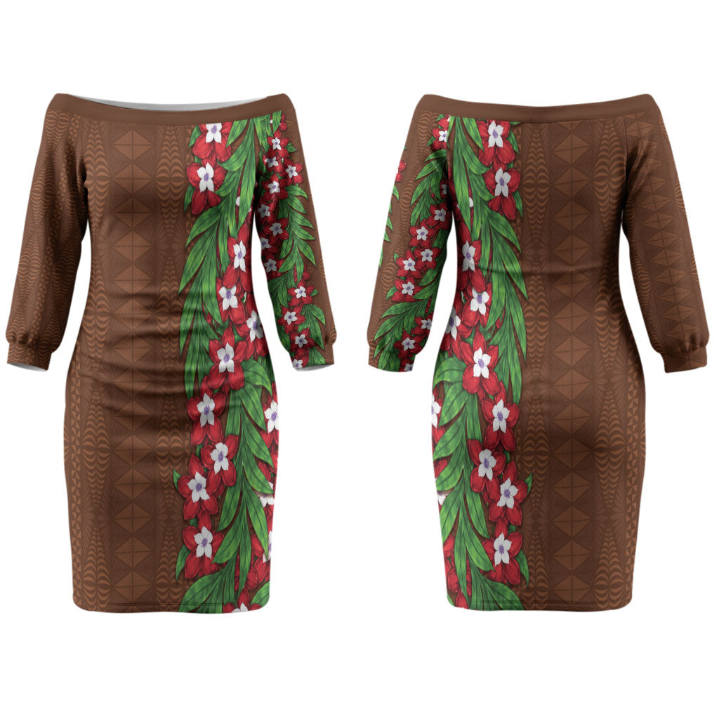 Tonga Language Week Family Matching Off The Shoulder Long Sleeve Dress and Hawaiian Shirt Heilala Floral Brown LT05 Mom's Dress Brown - Polynesian Pride