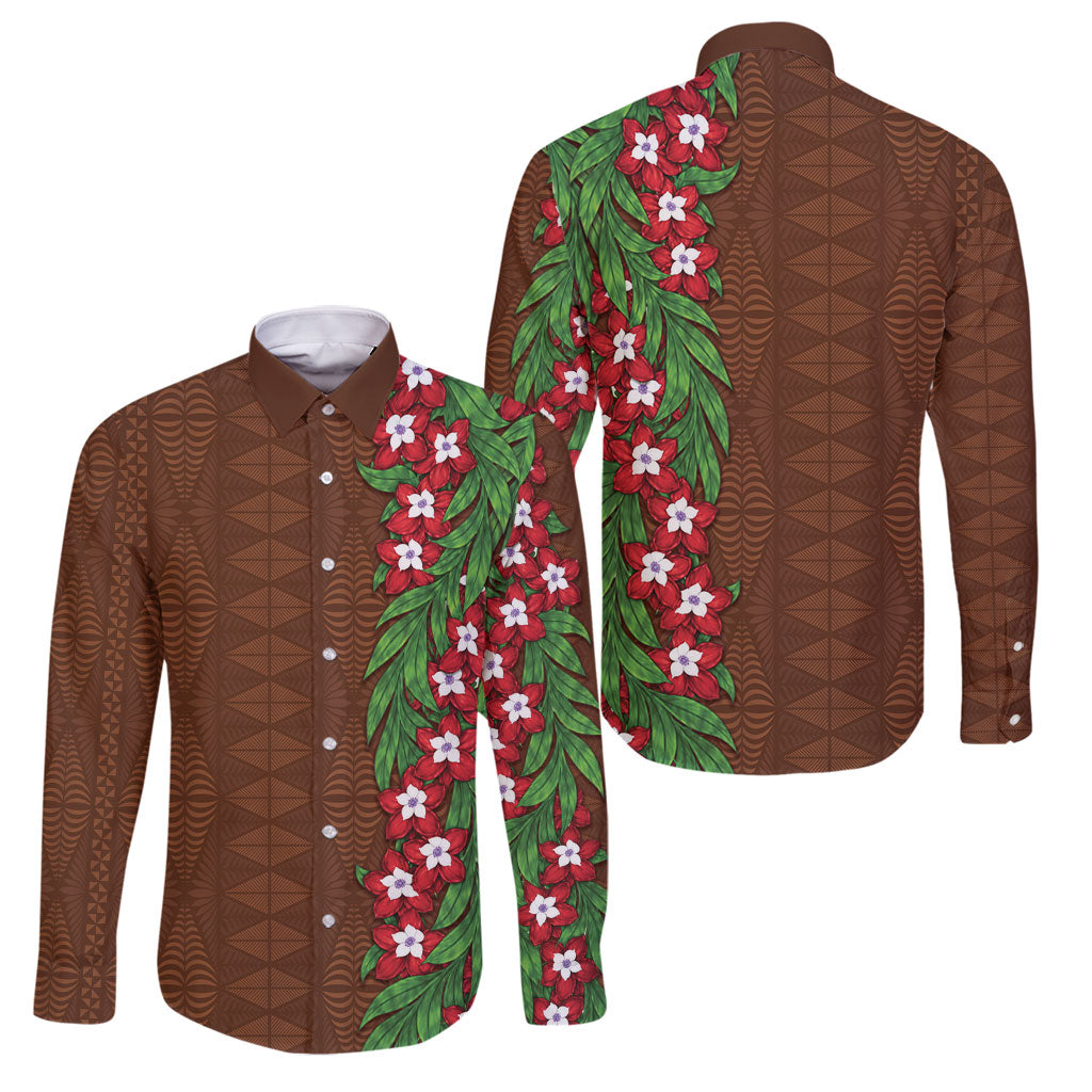 Tonga Language Week Family Matching Off Shoulder Maxi Dress and Hawaiian Shirt Heilala Floral Brown LT05 Dad's Shirt - Long Sleeve Brown - Polynesian Pride
