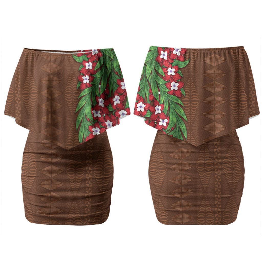 Tonga Language Week Family Matching Off Shoulder Short Dress and Hawaiian Shirt Heilala Floral Brown LT05 Mom's Dress Brown - Polynesian Pride
