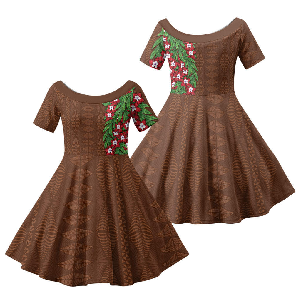 Tonga Language Week Family Matching Puletasi and Hawaiian Shirt Heilala Floral Brown LT05 Daughter's Dress Brown - Polynesian Pride