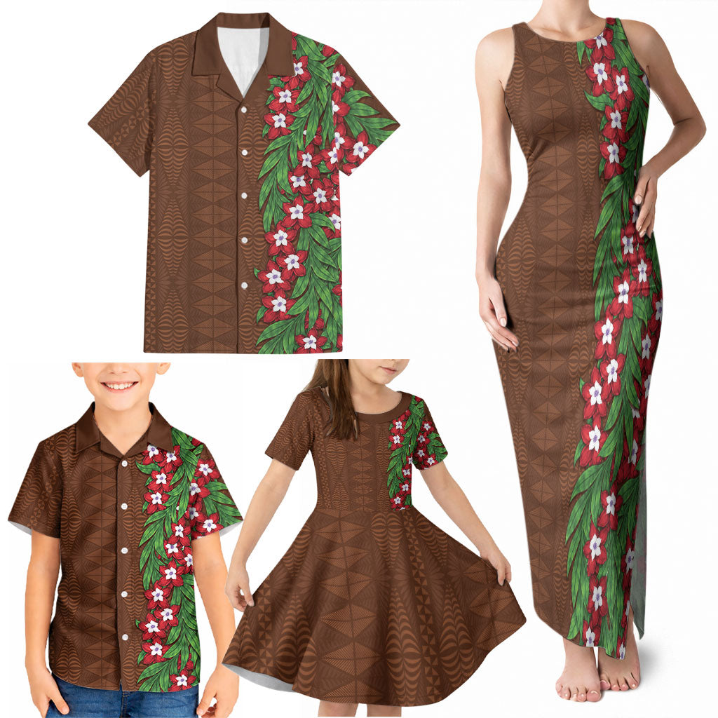 Tonga Language Week Family Matching Tank Maxi Dress and Hawaiian Shirt Heilala Floral Brown LT05 - Polynesian Pride