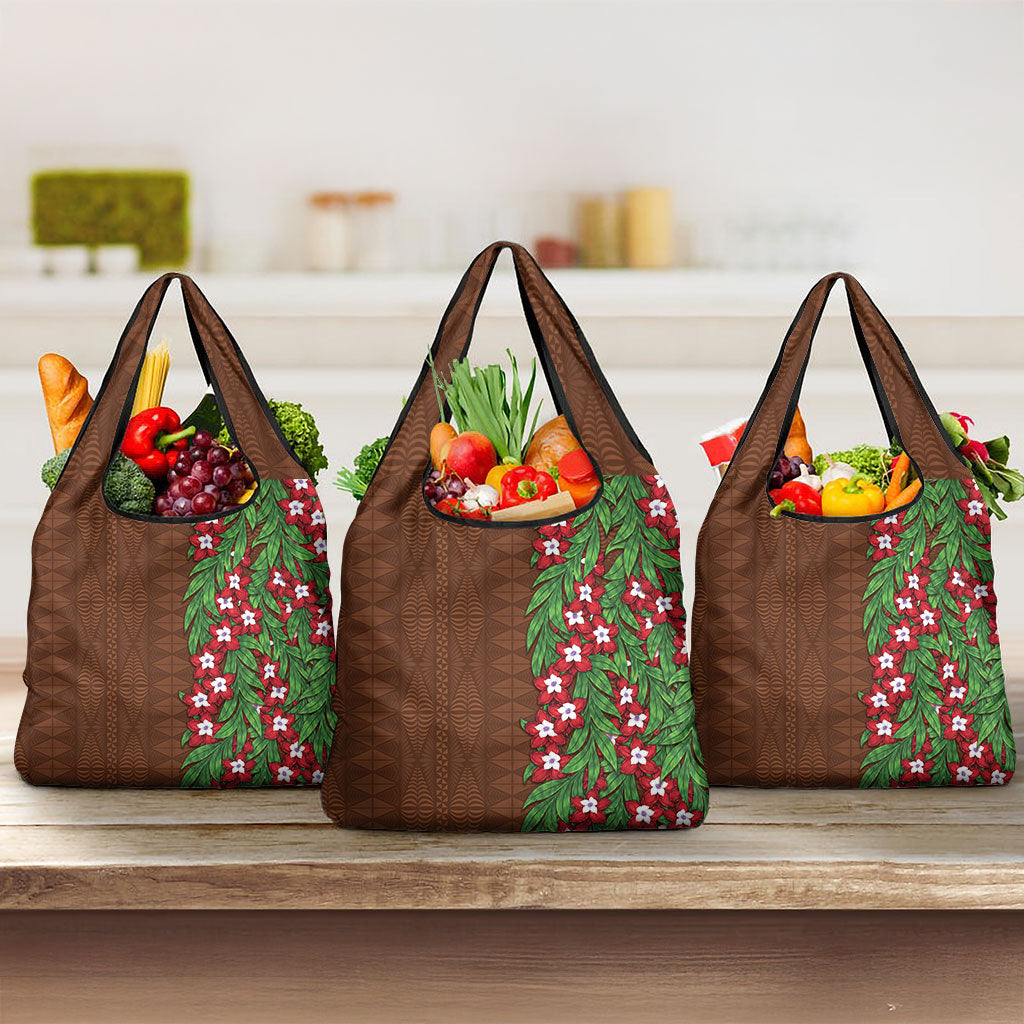 Tonga Language Week Grocery Bag Heilala Floral Brown LT05 3-pack One Size Brown - Polynesian Pride
