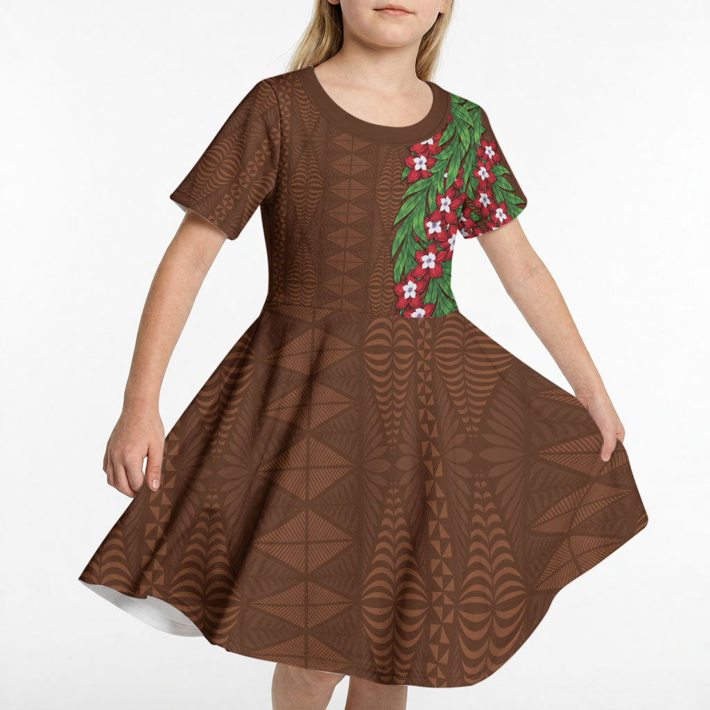 Tonga Language Week Kid Short Sleeve Dress Heilala Floral Brown