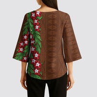 Tonga Language Week Kimono Sleeve Blouse Heilala Floral Brown