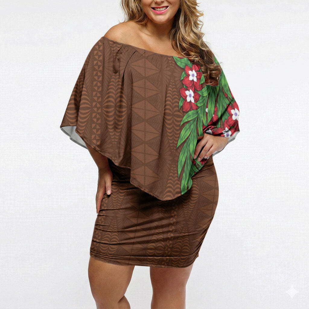 Tonga Language Week Off Shoulder Short Dress Heilala Floral Brown LT05 Women Brown - Polynesian Pride