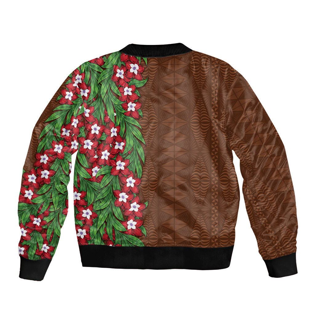 Tonga Language Week Sleeve Zip Bomber Jacket Heilala Floral Brown LT05 - Polynesian Pride