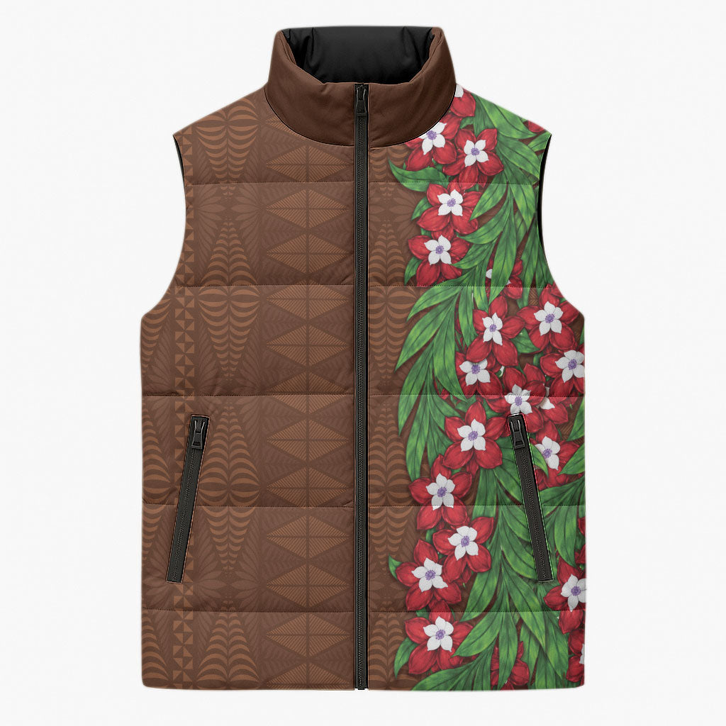 Tonga Language Week Sleeveless Puffer Jacket Heilala Floral Brown LT05 Unisex Brown - Polynesian Pride