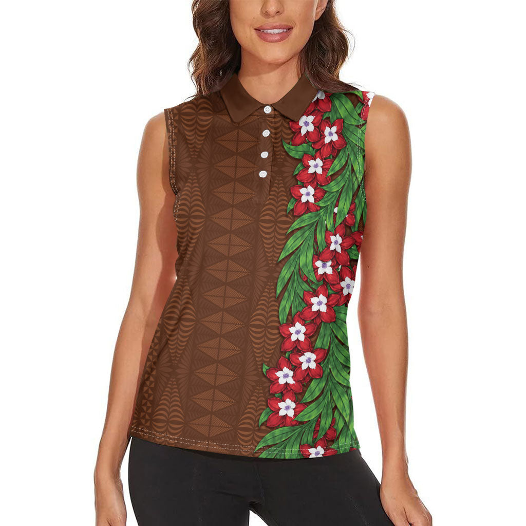 Tonga Language Week Women Sleeveless Polo Shirt Heilala Floral Brown LT05 - Polynesian Pride