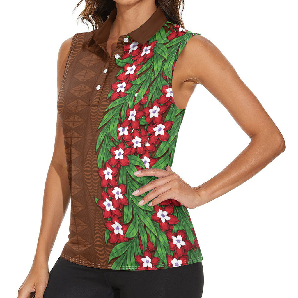Tonga Language Week Women Sleeveless Polo Shirt Heilala Floral Brown LT05 - Polynesian Pride