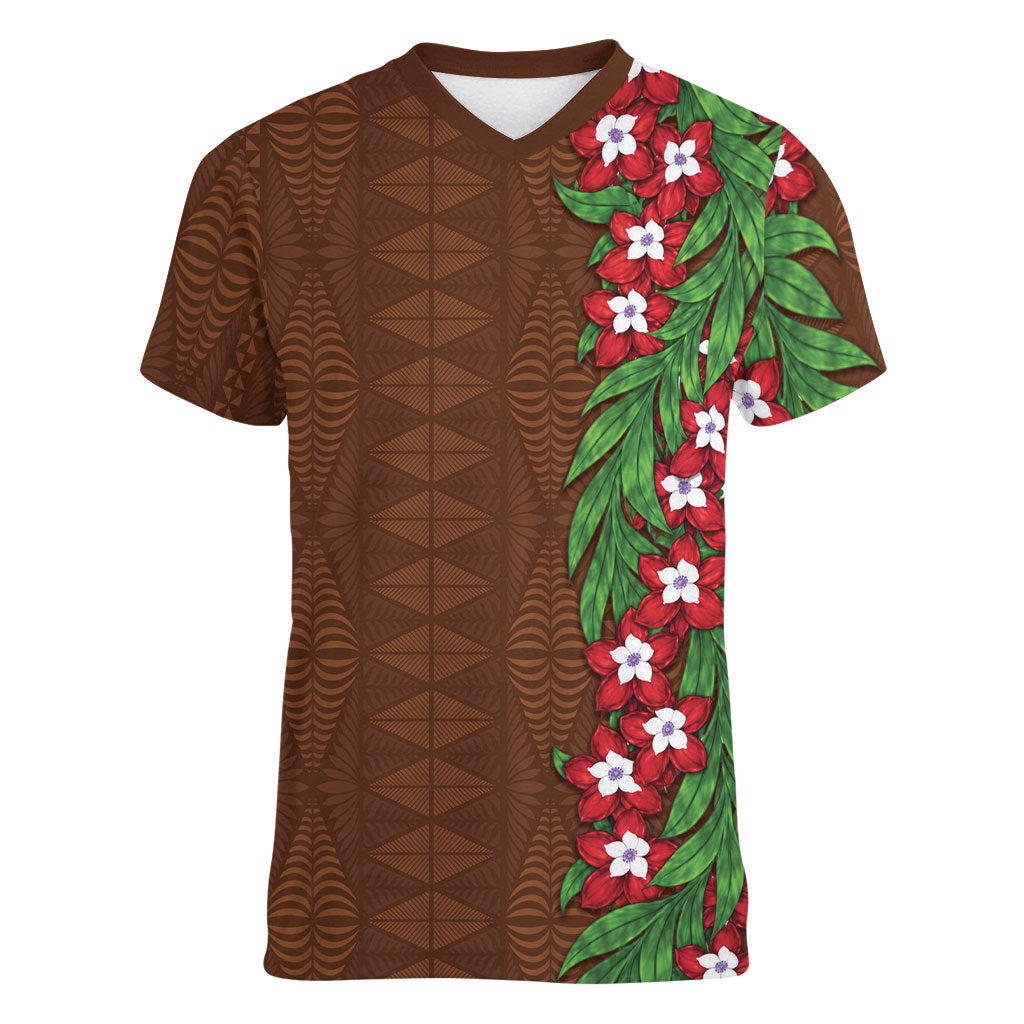 Tonga Language Week Women V-Neck T-Shirt Heilala Floral Brown
