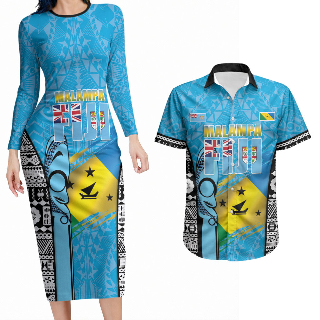 Personalised Malampa Fiji Day 2026 Couples Matching Long Sleeve Bodycon Dress and Hawaiian Shirt Unique Style LT05 Blue - Polynesian Pride