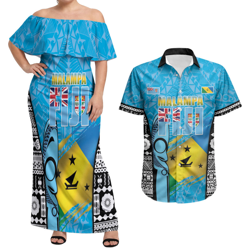 Personalised Malampa Fiji Day 2026 Couples Matching Off Shoulder Maxi Dress and Hawaiian Shirt Unique Style LT05 Blue - Polynesian Pride
