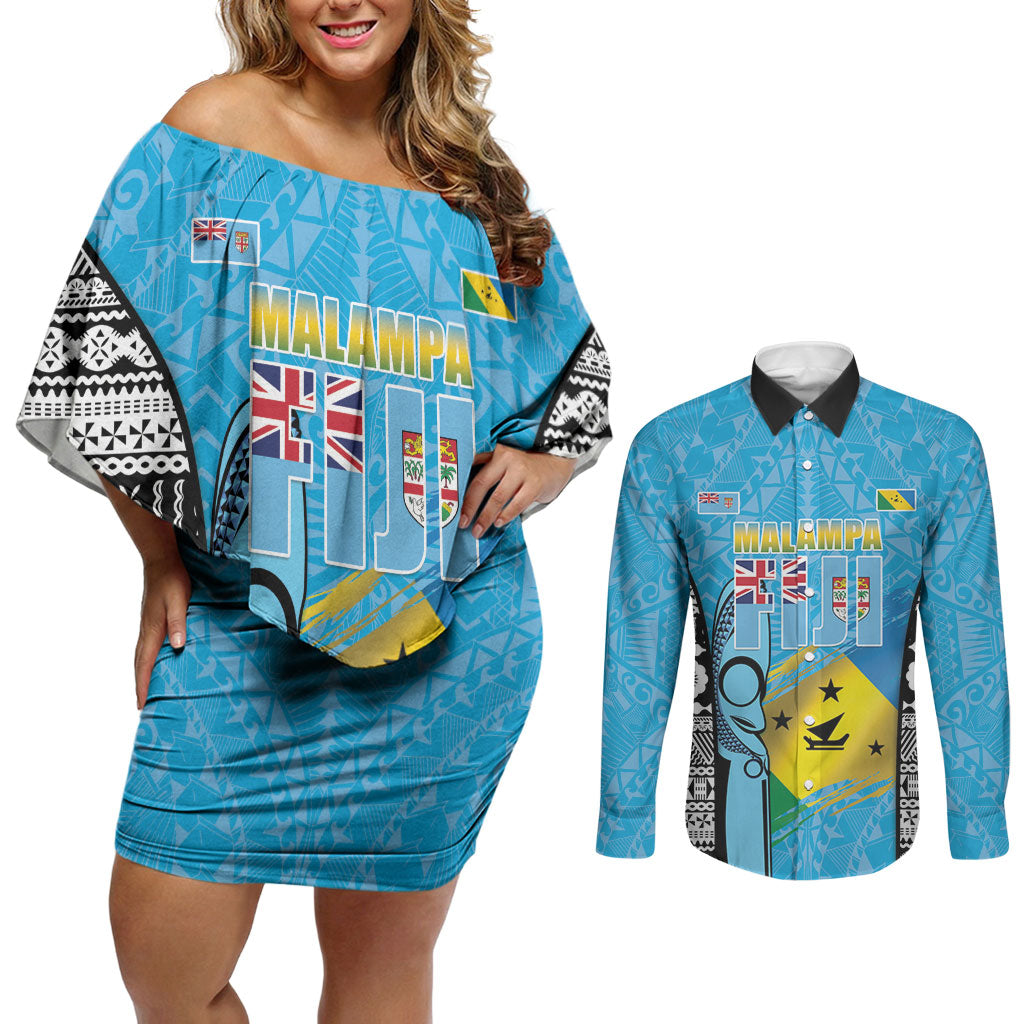Personalised Malampa Fiji Day 2026 Couples Matching Off Shoulder Short Dress and Long Sleeve Button Shirt Unique Style LT05 Blue - Polynesian Pride