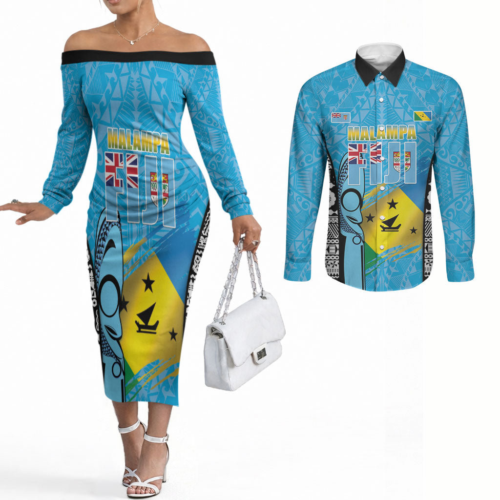 Personalised Malampa Fiji Day 2026 Couples Matching Off The Shoulder Long Sleeve Dress and Long Sleeve Button Shirt Unique Style LT05 Blue - Polynesian Pride