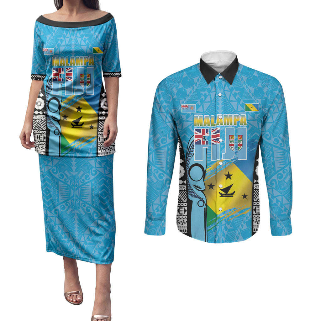 Personalised Malampa Fiji Day 2026 Couples Matching Puletasi and Long Sleeve Button Shirt Unique Style LT05 Blue - Polynesian Pride