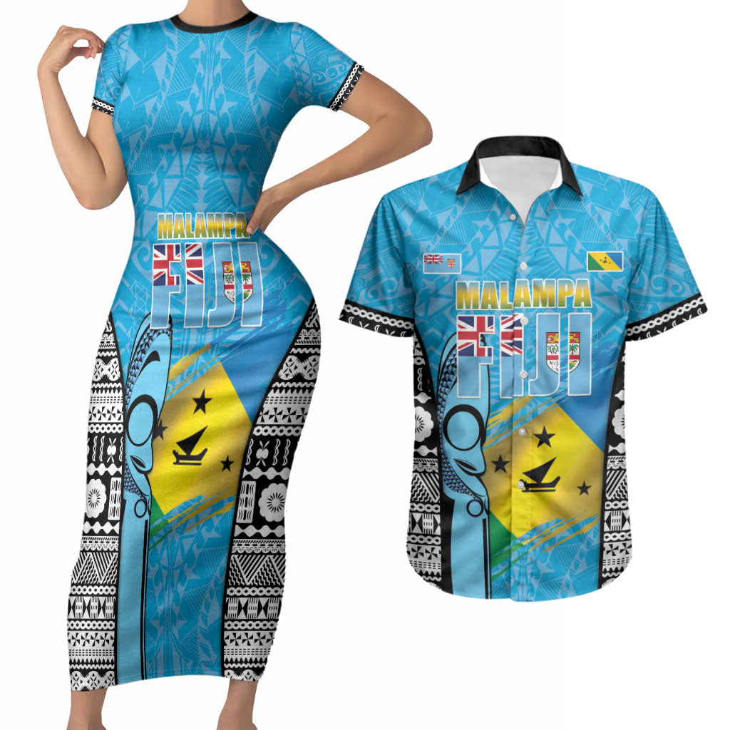 Personalised Malampa Fiji Day 2026 Couples Matching Short Sleeve Bodycon Dress and Hawaiian Shirt Unique Style LT05 Blue - Polynesian Pride