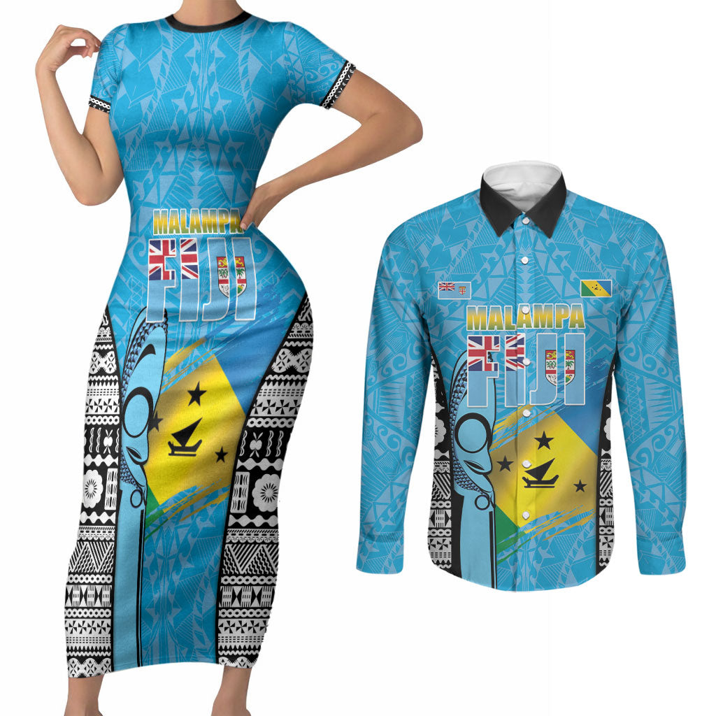 Personalised Malampa Fiji Day 2026 Couples Matching Short Sleeve Bodycon Dress and Long Sleeve Button Shirt Unique Style LT05 Blue - Polynesian Pride