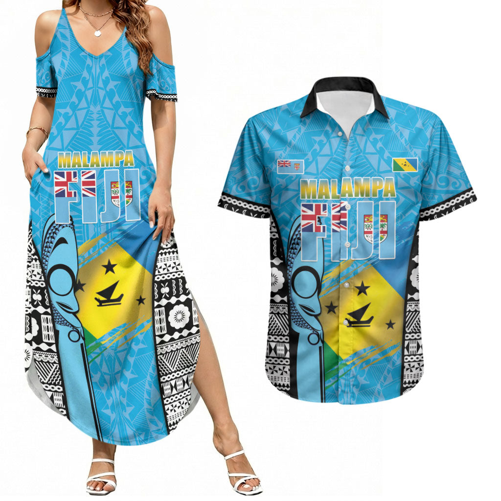 Personalised Malampa Fiji Day 2026 Couples Matching Summer Maxi Dress and Hawaiian Shirt Unique Style LT05 Blue - Polynesian Pride