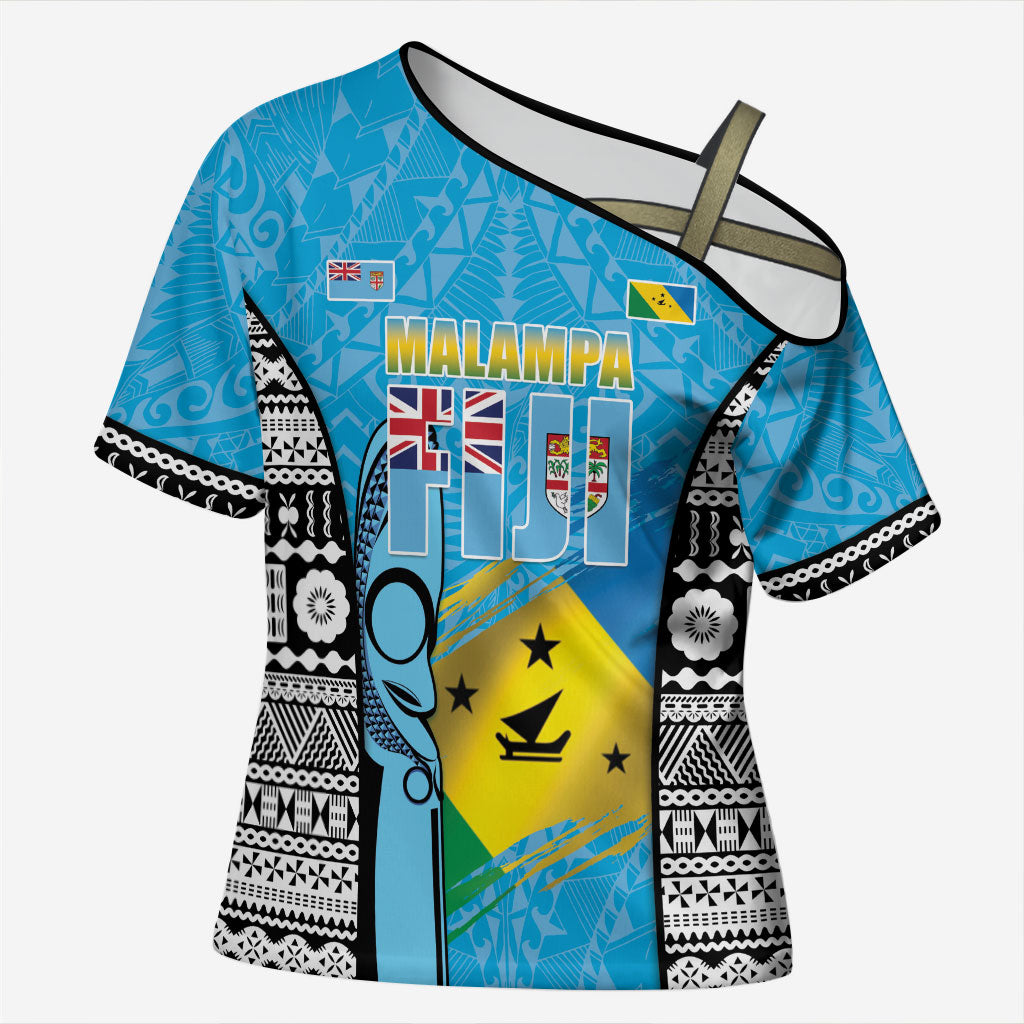 Personalised Malampa Fiji Day 2026 Cross Shoulder Shirt Unique Style LT05 Female Blue - Polynesian Pride
