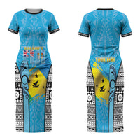 Personalised Malampa Fiji Day 2026 Family Matching Short Sleeve Bodycon Dress and Hawaiian Shirt Unique Style LT05 Mom's Dress Blue - Polynesian Pride