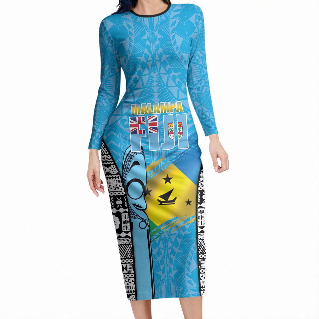 Personalised Malampa Fiji Day 2026 Long Sleeve Bodycon Dress Unique Style LT05 Long Dress Blue - Polynesian Pride