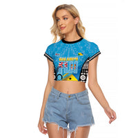 Personalised Malampa Fiji Day 2026 Raglan Cropped T Shirt Unique Style LT05 Female Blue - Polynesian Pride