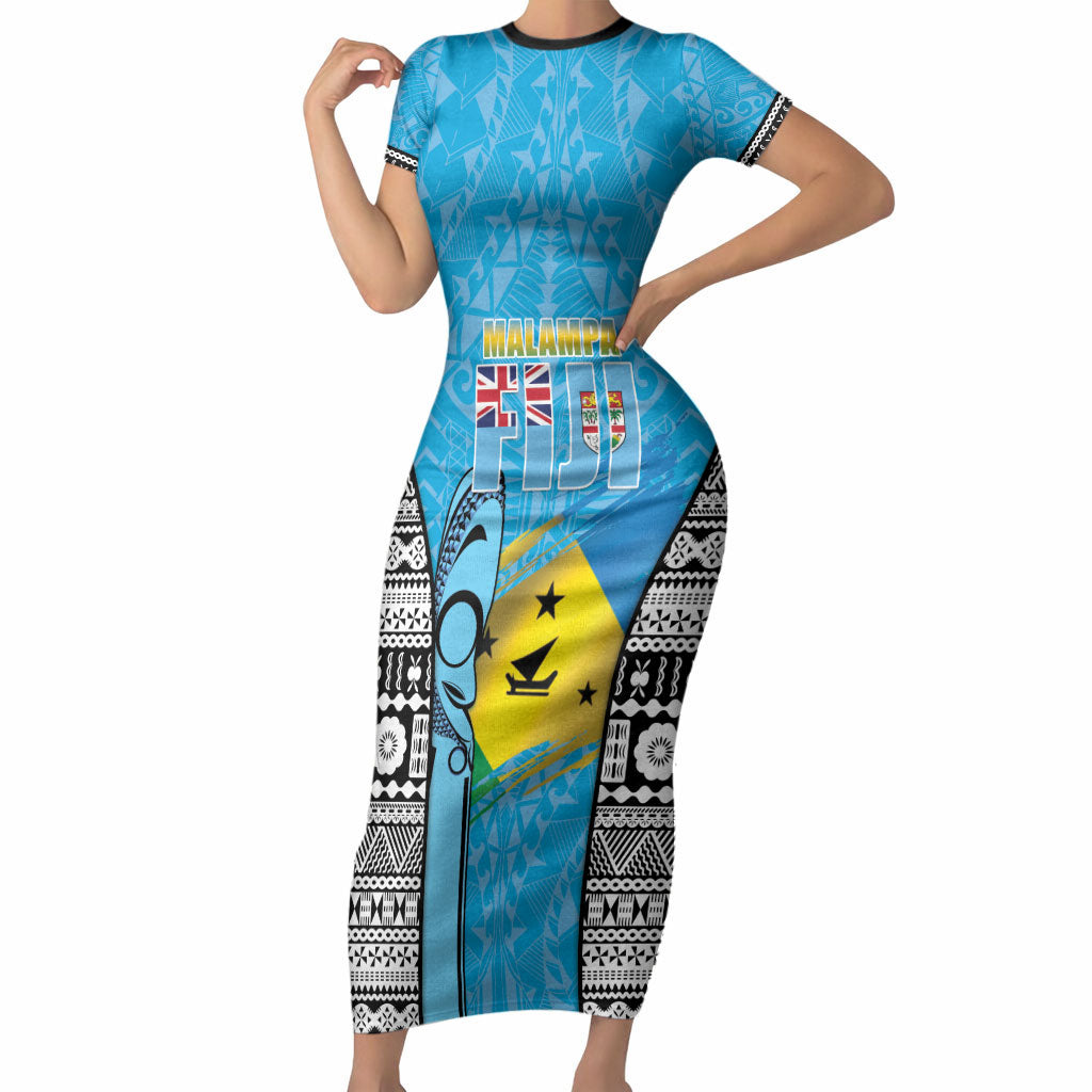 Personalised Malampa Fiji Day 2026 Short Sleeve Bodycon Dress Unique Style LT05 Long Dress Blue - Polynesian Pride